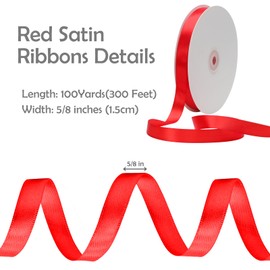 5/8 Inch x 100yds Satin Ribbon Solid Fabric Ribbons Roll for Gift Wrapping,Floral,Balloons,Craft Sewing,Valentine's Day,Wedding,Birthday Party Decoration(Red)