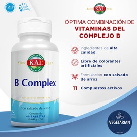 KAL B Complex, Complejo B / 60 Tabletas, Con Salvado de Arroz Orgánico (absorción en 30 min).