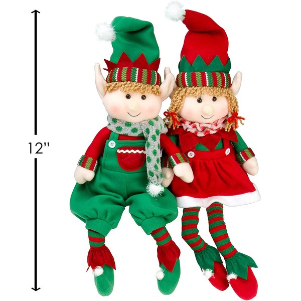 SCS Direct Elf Plush Christmas Stuffed Toys- 12" Boy and Girl Elves (Set of 2) Holiday Plush Characters - Fun Decorations and Toys for Kids