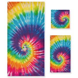 Pfrewn Tie Dye Towels Set of 3 Rainbow Hippie Colors Bathroom Towel Soft Absorbent Chic Abstract Swirl Bath Hand Towels Washcloth Guest Towel Sets Bathroom Decorations