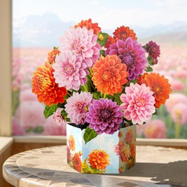 PINELIFE Pop Up Cards for Mom 3D Paper Dahlias Flowers Greeting Cards Gifts, Women's Birthday Anniversary Bouquets with Note Card & Envelope (Dream of Dahlias)