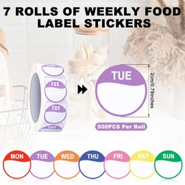 7 Rolls Removable Weekday Stickers, 3500 Round Dots Food Labels, Restaurant Day Stickers, Weekday Stickers, Weekday Labels for Large Kitchens Catering Businesses