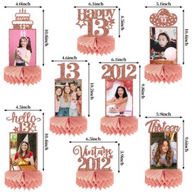 Guiruiy 8Pcs 13th Birthday Decorations Honeycomb Centerpieces for Girls, Pink Rose Gold Glitter Happy 13 Birthday Photo Table Centerpieces Party Supplies, Pink Thirteen Birthday Teenager Decor