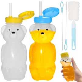 Vaso de Oso con Popote para Bebé - 2 Piezas Vaso Osito Popote Bebé Sin BPA， Material Grado Alimenticio + Taza Entrenamiento Alimenticio Antiderrames (Jugo/Leche/Complementaria)