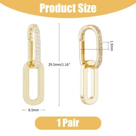 Hobbspring Paper Clip Earrings Rectangular Drop Earrings Dangle Hoop Earrings Trendy Link Earrings Convertible Link Earrings with Clear Zirconia for Women, Brass