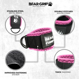 BEAR GRIP - Ankle Straps for Cables with New Fleece Design - Strong Closure, Double Stainless Steel D-Ring, Adjustable Neoprene - For Men & Women (Pink Slim - Pair)