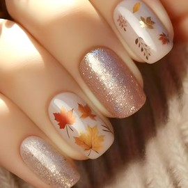 Square Press on Nails Medium Fake Nails with Maple Leaves Designs Pink Glitter Glue on Nails Fall Acrylic Nails Nude White False Nails Artificial Stick on Nails for Women 24Pcs