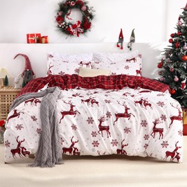 STARBEDIA Christmas Duvet Cover Queen, Soft Brushed Microfiber Comforter Cover Sets, Reindeer Printed Holiday Theme Bedroom Decorative Bedding (Queen Size, Red Plaid Deer)