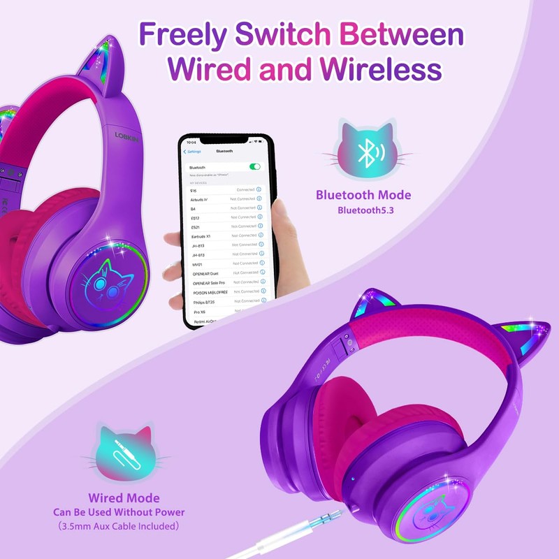 LOBKIN Bluetooth 5.3 Kids Headphones with Case - RGB LED