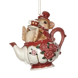 Goodwill: Red & White Resin Mouse in Teapot Ornament 8.5cm