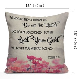 Nphuriy Pink Flowers Pillow Cover 16x16 Inch Christian Bible Verses Scripture Quotes Joshua 1:9 Farmhouse Decorative Throw Pillow Cover Square Cushion Case for Home Sofa Couch Decoration