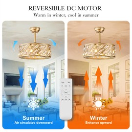 CATINER Crystal Caged Ceiling Fans with Light, 18" Bladeless Ceiling Fan with Remote Control, 6 Speed Enclosed Ceiling Fan with Reversible Motor for Bedroom Kitchen Living Room (Gold Gage)