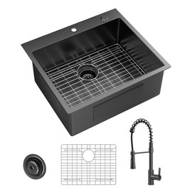Gunmetal Black Stainless Steel 25 in. 18 Gauge Single Bowl Dual Mount Kitchen Sink with Black Spring Neck Faucet
