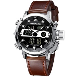 MEGALITH Mens Digital Watch Sports Waterproof Military Large Face Watches for Men Outdoor Analogue Digital Leather Wrist Watch with Alarm Electronic LED Backlight Calendar Stopwatch - Brown Silver
