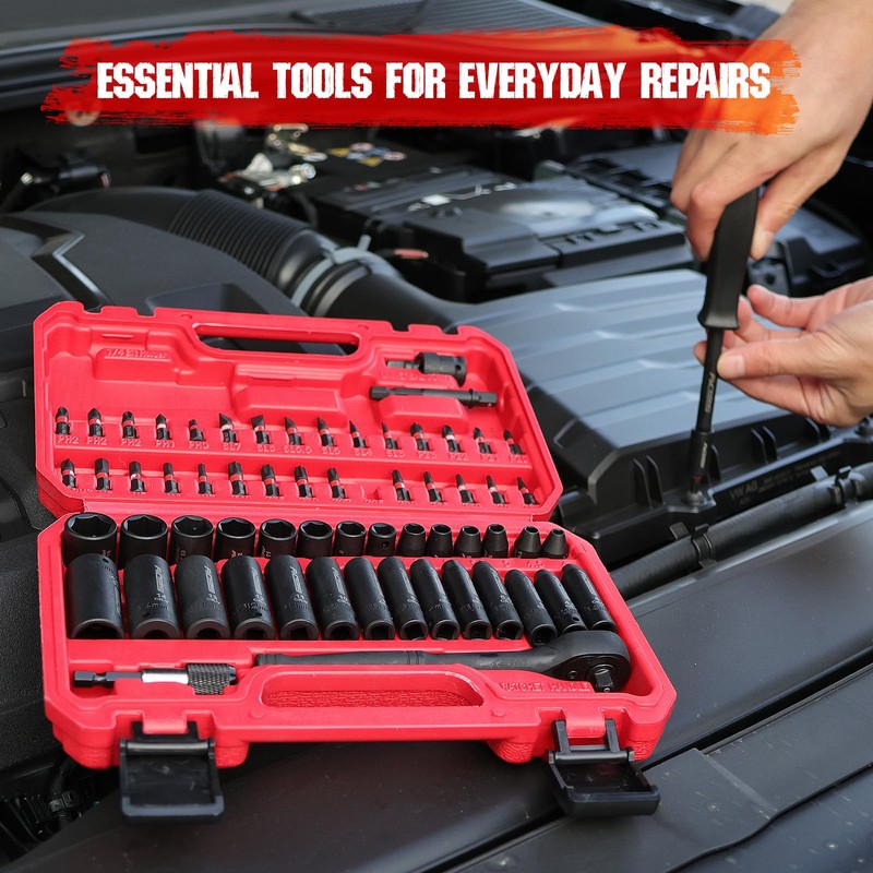 64-Piece 1/4" Drive Impact Socket Wrench Driver-Bits Set, Cr-V Metric&SAE