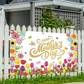 Printspree Mother's Day Banner - 70.8x43.3in Happy Mother's Day Decorative Banner with Colorful Flowers and Butterflies for Porch,Garden,Wall,Window,Yard,Party and Celebrations