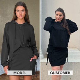 EXLURA Women Two Piece Sets Cotton Sweatsuits Hooded Sweatshirt Cargo Skort Skirt Fall Tracksuit Casual Tennis Outfit Pockets, Black, X-Small