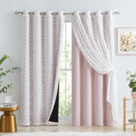 Jubilantex Pink Mix Matched Curtains Leaf Sheer Lace 2 Panels & 2 Full Blackout Curtains 100 Percent Room Darkening Curtains for Bedroom Living Room Grommet Top Design, 52" W x 84" L,Pink & White