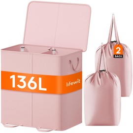 Lifewit Double Laundry Hamper with Lid and Removable Laundry Bags, Large Collapsible 2 Dividers Dirty Clothes Basket with Handles for Bedroom, Laundry Room, Closet, Bathroom, College, Pink