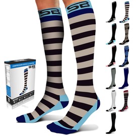 SB SOX Lite Compression Socks (15-20mmHg) for Men & Women – Best Socks for All Day Wear! (Stripes - Gray/Blue, S/M)