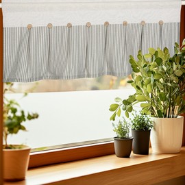 FUANGUI Linen Valances for Windows 52" W x 18" L Kitchen Curtains Window Valances, Farmhouse Curtains Pleated Color Block Design with Coconut Husk Button Detail