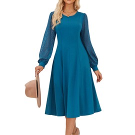 GRACE KARIN Women's 2025 Summer Long Lace Sleeve Dresses Crewneck Pleated A Line Flowy Casual Midi Dresses with Pockets Peacock Blue L