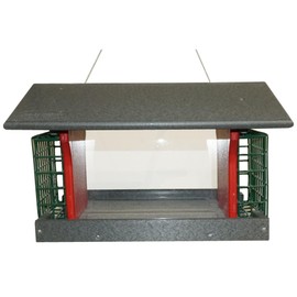 DutchCrafters Large Plastic Poly Hopper Bird Feeder with Two Suet Cages, Bird Feeders for Outdoors for Bird Food, Wild Bird Seed (Gray & Bright Red - Hanging)