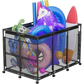 Pool Float Storage – Outdoor Pool Toy Storage Organizer for Pool Noodles, Toys, Floats, Balls, and Equipment, Mesh Rolling Storage Organizer Bin, Black