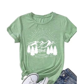 Nature Shirts for Women Funny Sun Pine Tree Mountain Lake Pattern Print Hiking Mountain Tshirt Travel Camping Workout Comfy Short Sleeve Adventure Explore More Top(Pale Green-XL)