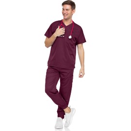 MediChic Men's Scrubs Set – Stretch V-Neck Workwear, 7-Pocket Jogger Pants, Flex Medical Uniforms, Wine X-Large