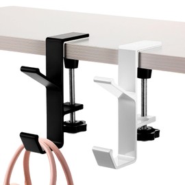 SAFIGLE 2 Pcs ''J''-Shaped Purse Hook for Table: Space Aluminum Bag Hooks for Handbags, Backpacks, and Small Items - Portable Desk Organizer for Home Use (Black & White)