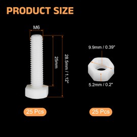 sourcing map 25 Pair Nylon Screws Nuts Assortment, M6x25mm Hex Screws Bolts and M6 Hex Nuts for Machinery Electronics Industrial Accessories, White