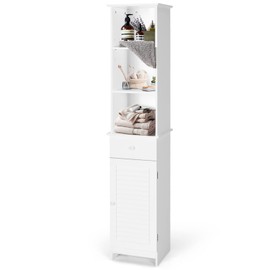 LOKO Bathroom Tall Cabinet, Modern Storage Cabinet with 2 Adjustable Shelves, Bathroom Linen Tower with 3 Open Shelves and 1 Drawer, 13.5 x 12 x 64.5, White
