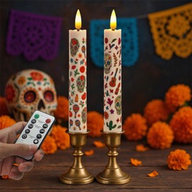 ONEIHOMM Dia De Los Muertos Taper Candles with Timer Remote 2 Pack