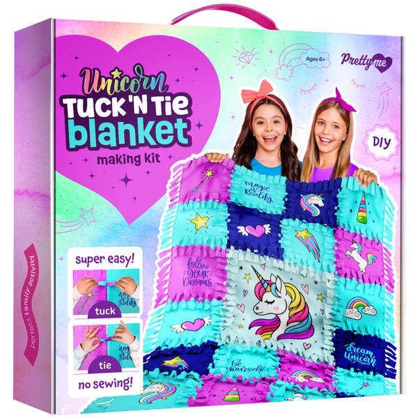 Pretty Me Unicorn Tuck N' Tie Fleece Blanket Making Kit - No Sew DIY Crafts for for Girls Ages 6+ Year Old - Best Arts & Craft Gifts Ideas - Kids Crafts Gift Toys Kits