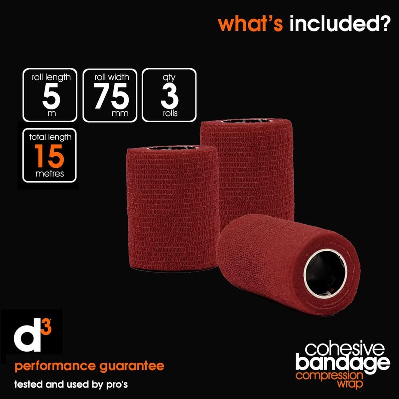 d3 Cohesive Bandage Maroon 75mm x 5m (3 Rolls) Compression