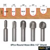 Akylin 5pcs Round Nose Router Bits Set 1/2 Inch Shank,Core