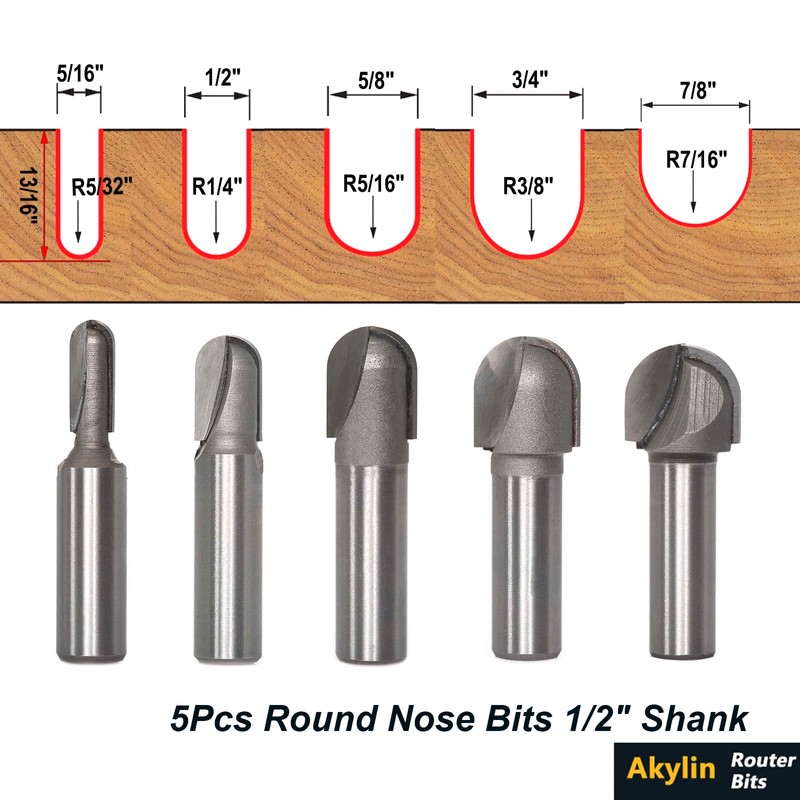 Akylin 5pcs Round Nose Router Bits Set 1/2 Inch Shank,Core