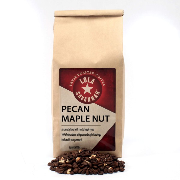 Lola Savannah Pecan Maple Nut Flavored Whole Bean Coffee - Gourmet Coffee Infused with Real Pecan Pieces and a Touch of Maple Syrup, Caffeinated, 2lb Bag