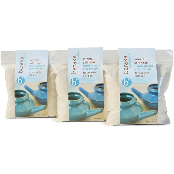 Baraka Neti Pot Mineral Salt Sinus Rinse Saline Solution - Use with Neti Pot - Premium No Burning French Atlantic Sea Salt for Sinus Relief (8 oz, 3 Pack)