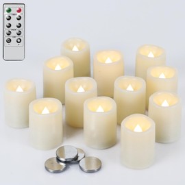 DRomance Velas votivas LED parpadeantes sin llama, control remoto y temporizador, funciona con pilas, incluye luz amarilla ámbar de 1.5 x 2 pulgadas, juego de 12 unidades para decoración de Navidad