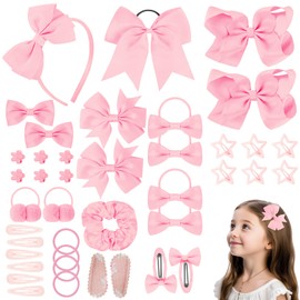 LOPHE 77Pcs Pink Girls School Hair Accessories Kit, Hair Bows Elastic Headbands Hair Clips, Cheer Bows Ponytail Holder Hair Barrettes, Hair Accessories for Girls Christmas Birthday Gift