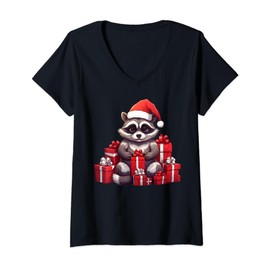 Raccoon Wearing Santa Hat Christmas Stuffed Animal V-Neck T-Shirt