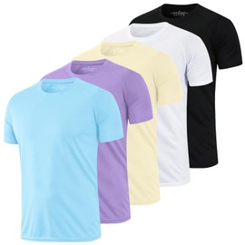 HovSiyla 5 Pack Running Shirts Men Sport Tops Dry Fit Gym Wicking Athletic T Shirts Breathable Cool Workout Shirts Black White Purple Almond Haze-Blue Large