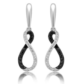 Jewelili Sterling Silver Infinity Drop Earrings with Treated Black and Natural White Round Diamonds, 1/10 cttw