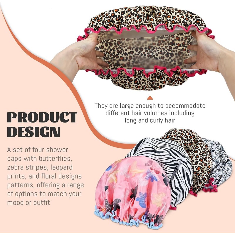 Premium Double Layer Waterproof Shower Cap Set (Pack of 4)