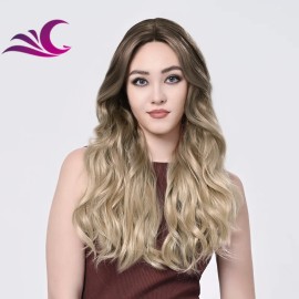 Long Wavy Brown Mixed Blonde Highlight Wigs Heat Resistant Synthetic Hair Wigs for Womencolor: T1FH004, Stretched Length: as pic