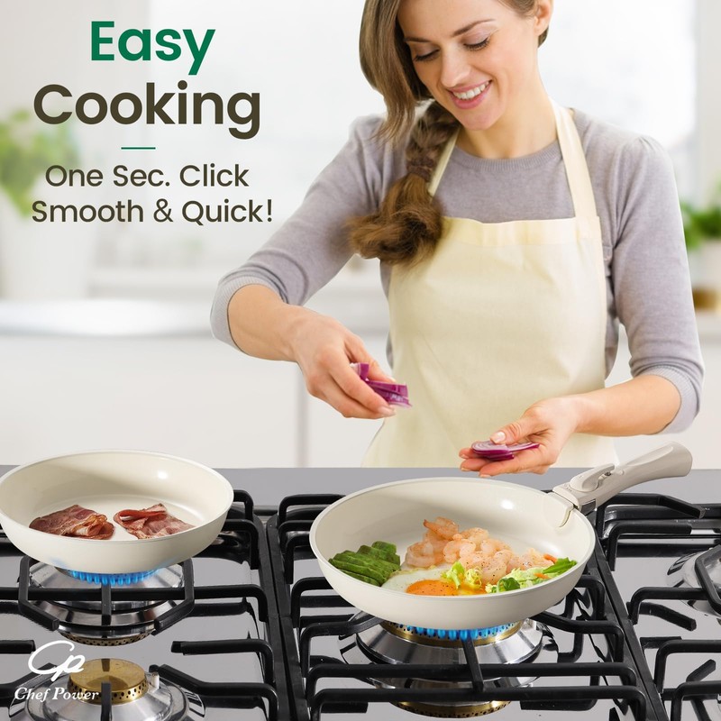 Chef Power Ceramic Cookware Set Non Toxic with Detachable Handles,