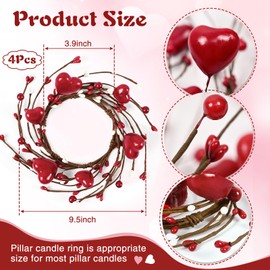 4 Pcs Valentine Candle Rings Wreaths, 9.5" Red Heart Berry Candle Holder, Valentines Day Mini Wreath, Valentine Day Table Decor, Valentines Centerpiece for Table, Candle Rings for Windows Decor