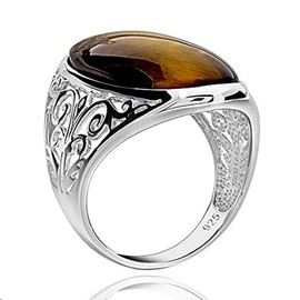 Tiger Eye Stone Statement Ring for Women 925 Sterling Silver Gemstone Magnificent Oval Shaped Tiger Eye Solitaire Ring Mothers Day Gifts for Mom Christmas Birthday Jewelry Gifts for Wife Grandma (5)